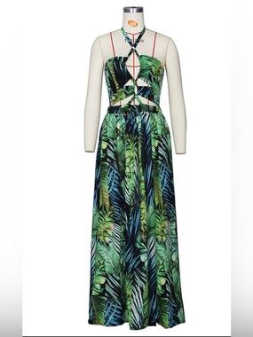 SHEIN Green Tropical Leaf Halter Cutout Maxi Dress